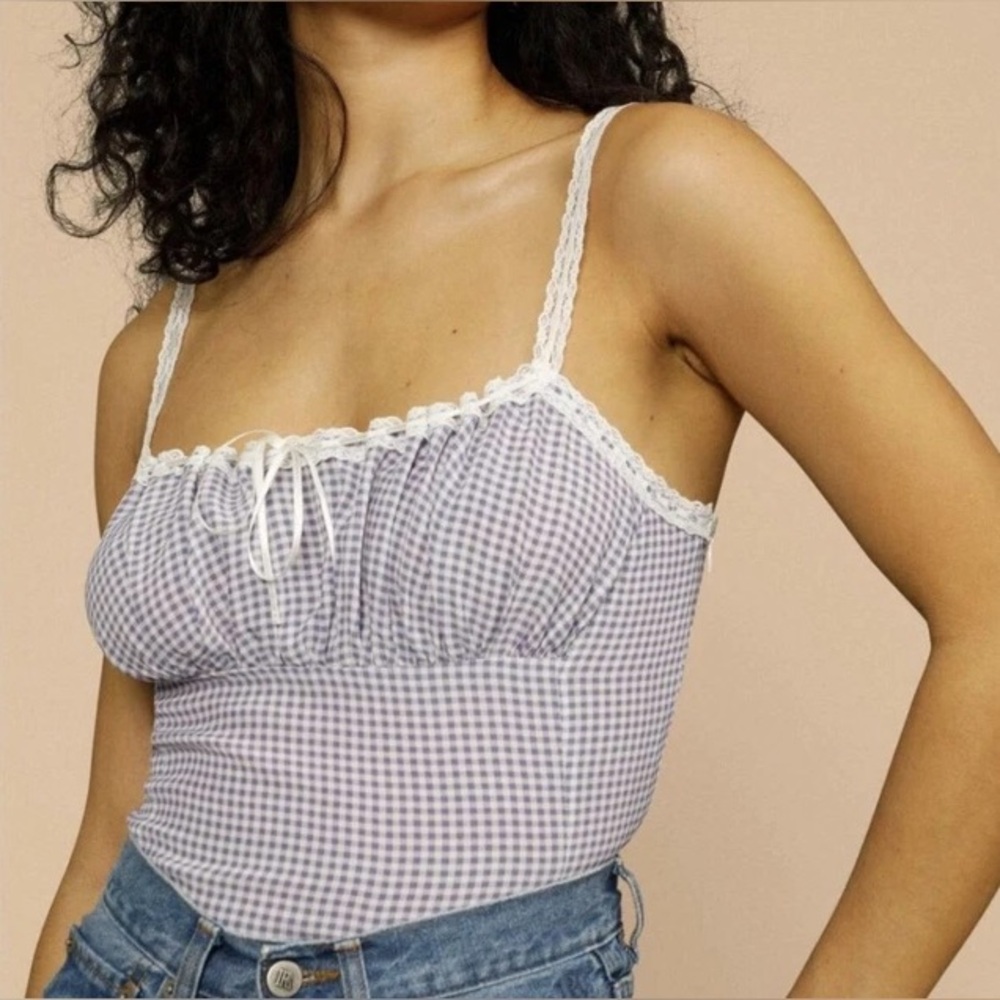 Rouje Lavender Gingham Lace-Trim Tank Top